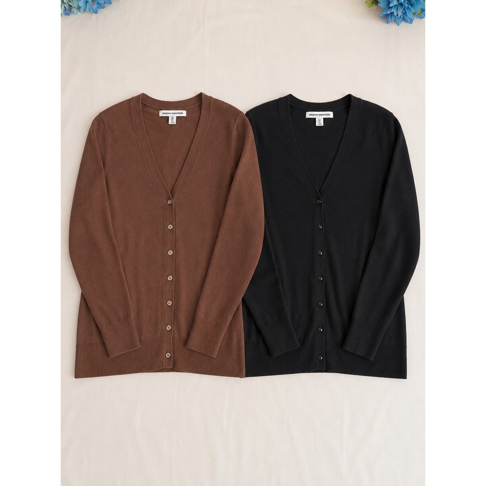 Amazon Essentials Womens XL V-Neck Cardigan Sweater Lot of 2 Black Brown Cotton